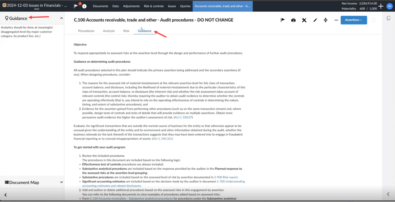 The user interface for selecting guidance from the Guidance tab.